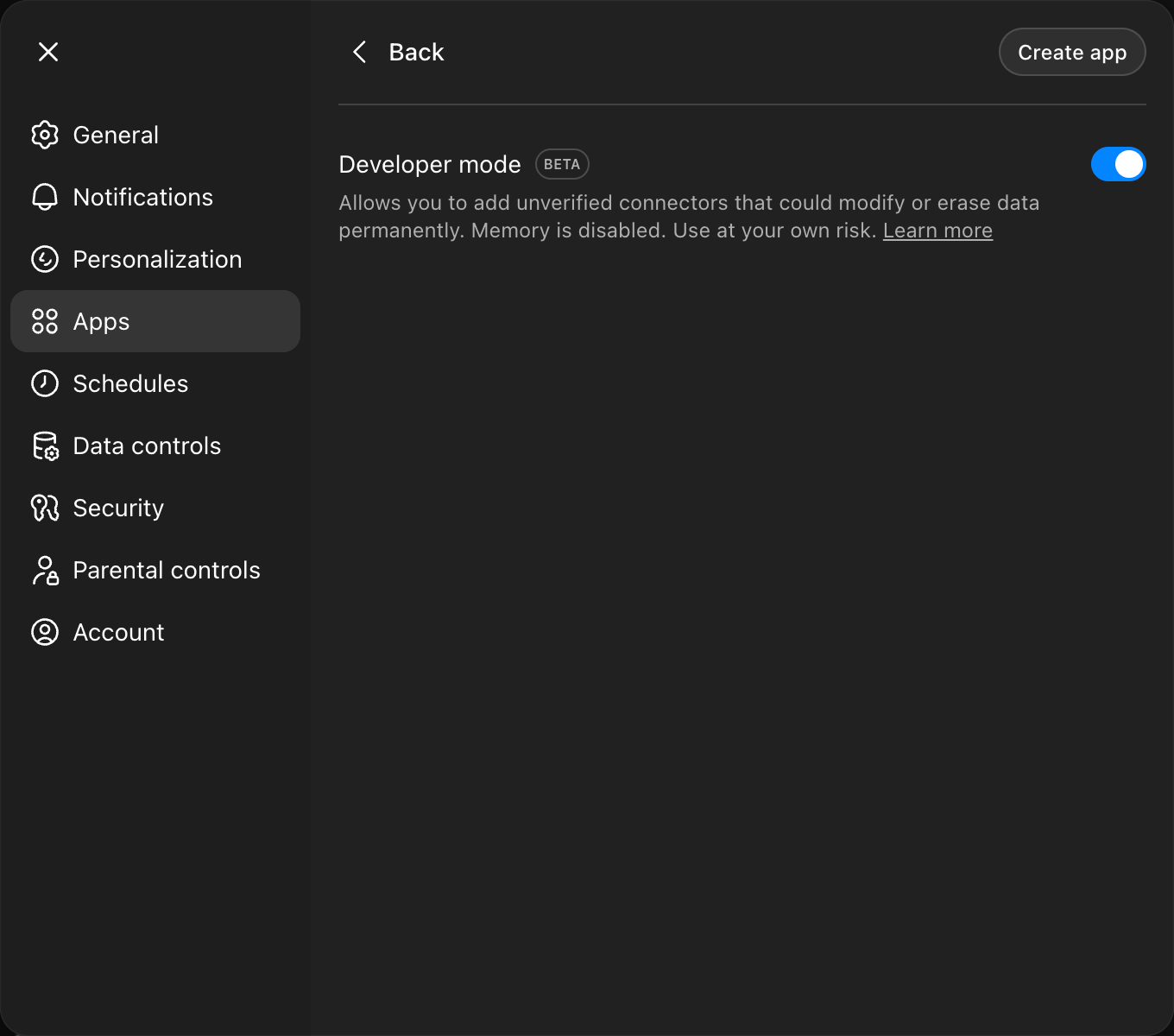 ChatGPT Settings - Apps - Developer mode